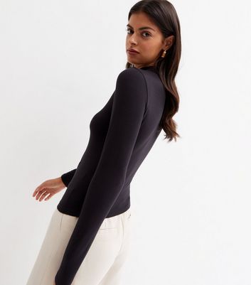 Black Ruched High Neck Long Sleeve Top