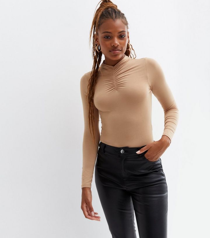 Camel Ruched High Neck Long Sleeve Top | New Look