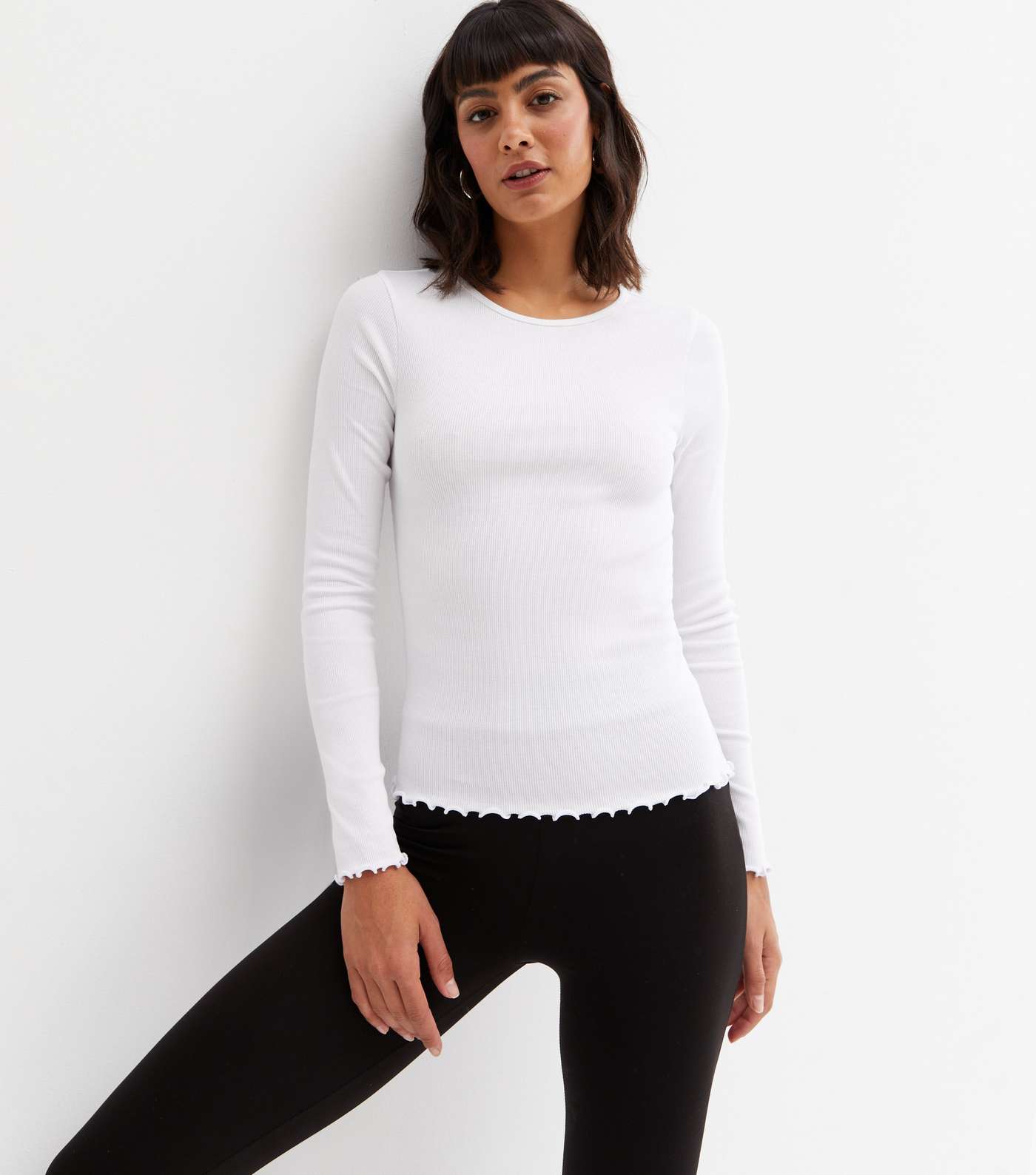 White Ribbed Frill Long Sleeve Top Image 2