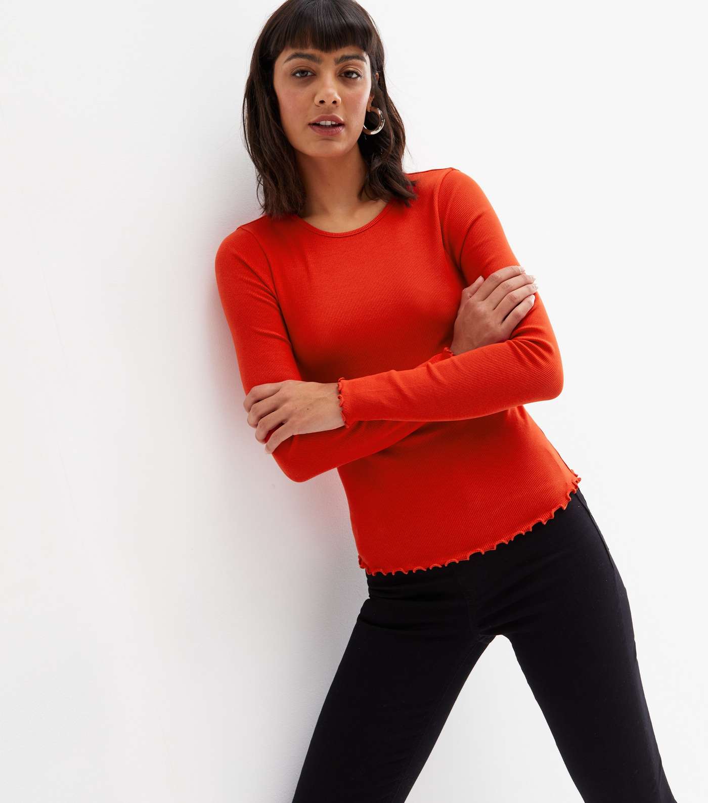 Red Ribbed Frill Long Sleeve Top