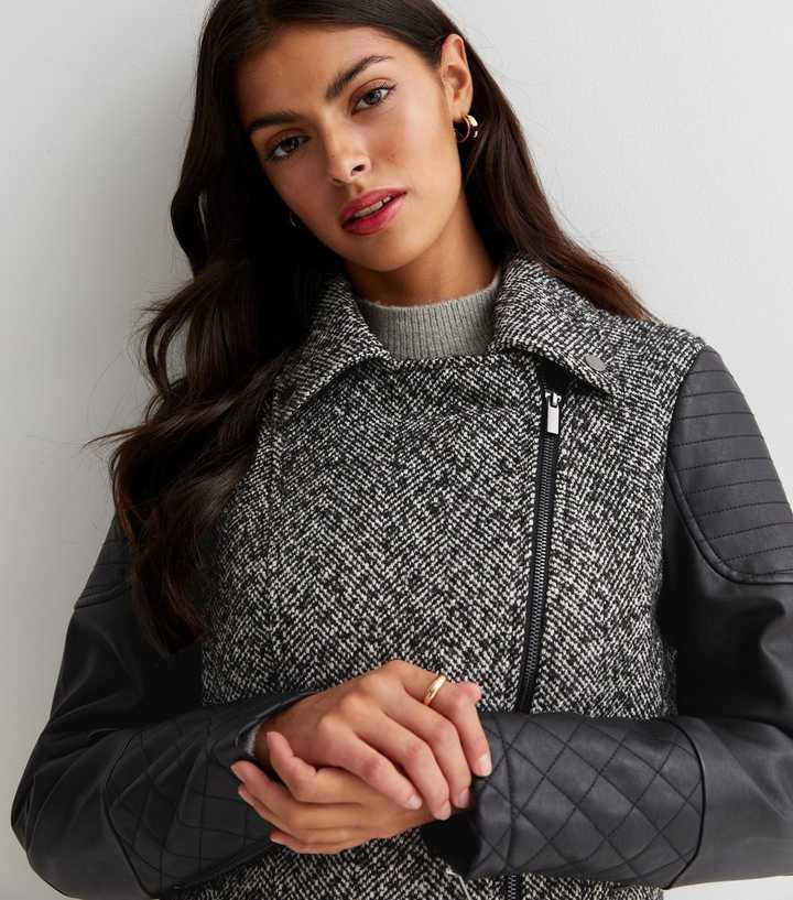 Black Leather-Look Sleeve Coat | New Look