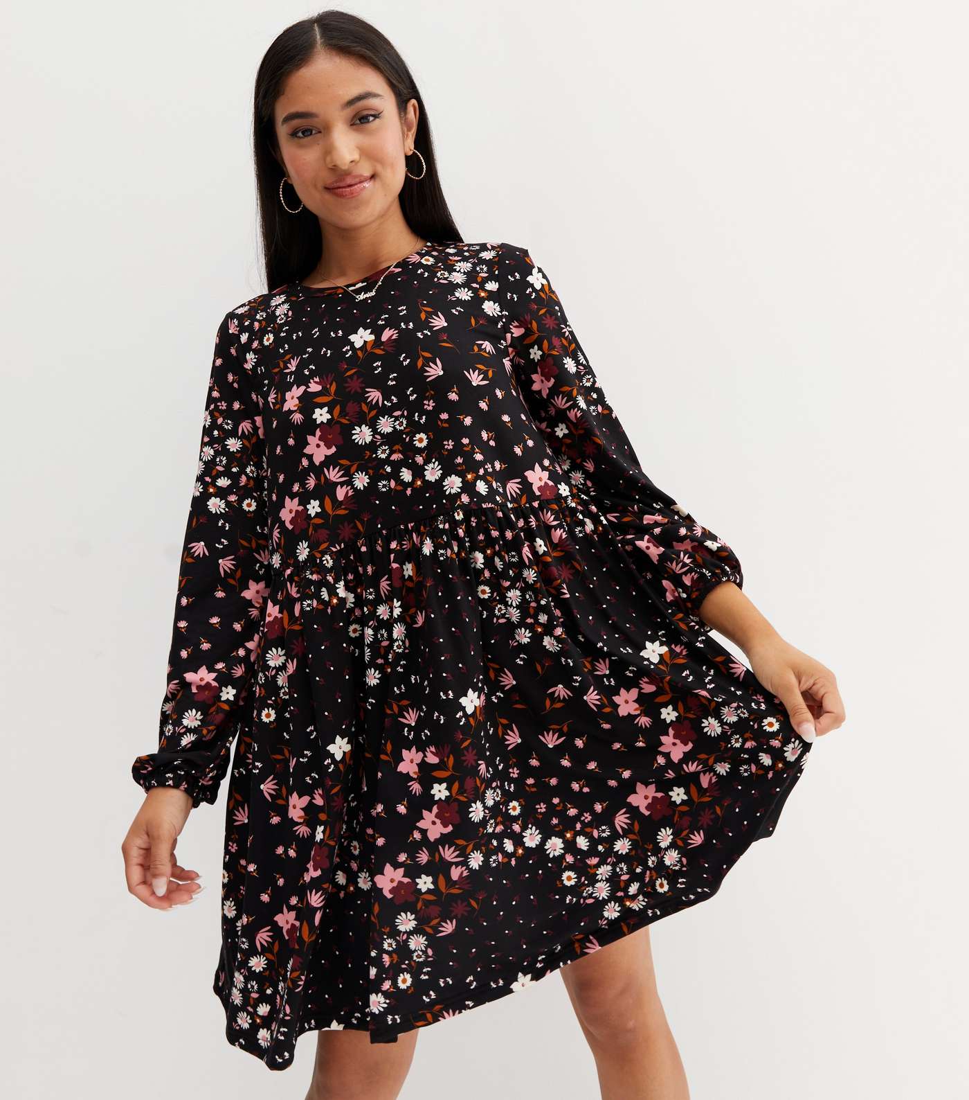 Petite Black Floral Soft Touch Long Sleeve Mini Dress Image 2