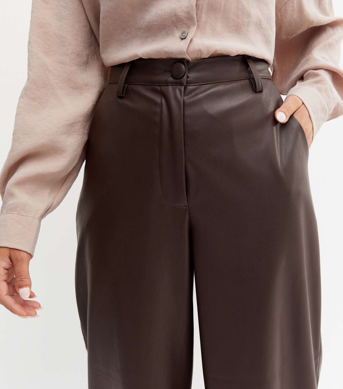 Petite Dark Brown Leather-Look Wide Leg Trousers Image 3