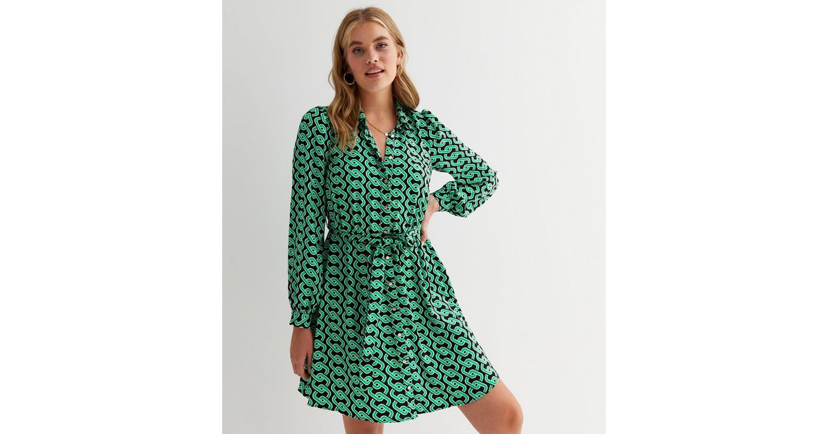 Tall Green Geometric Belted Mini Shirt Dress | New Look