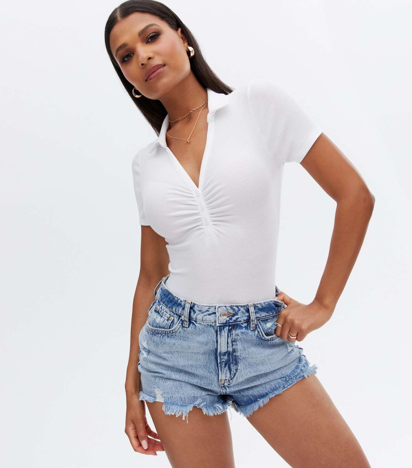 White Ruched Button Front Collared Bodysuit