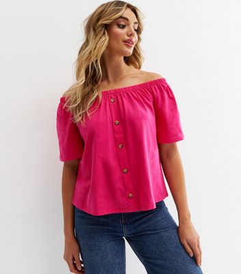 Damen Bekleidung Bright Pink Button Bardot Top