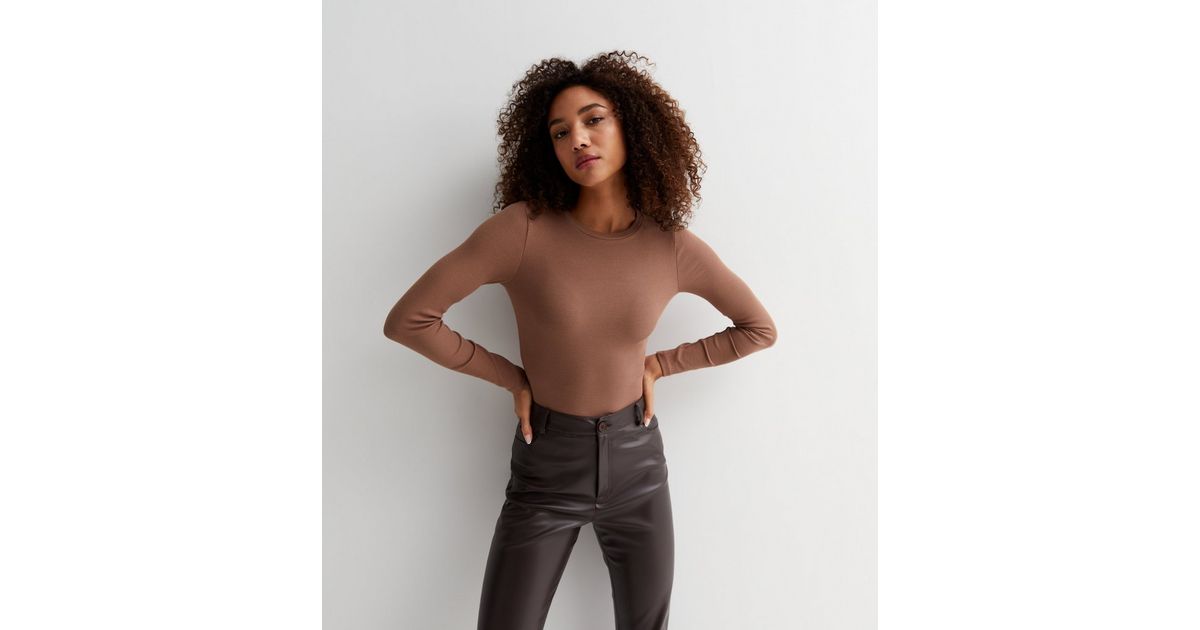 Light Brown Ribbed Crew Neck Long Sleeve Bodysuit New Look