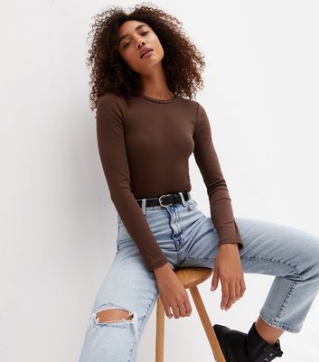 Dark Brown Ribbed Crew Neck Long Sleeve Bodysuit | New Look