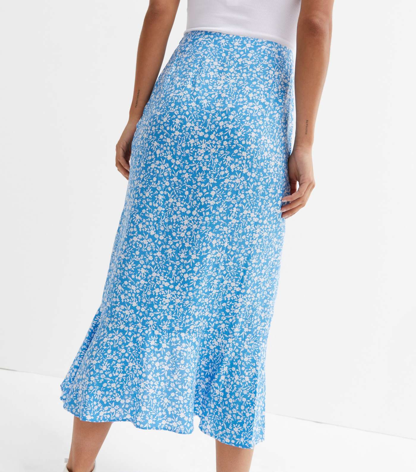 Blue Ditsy Floral Ruffle Midi Wrap Skirt Image 4