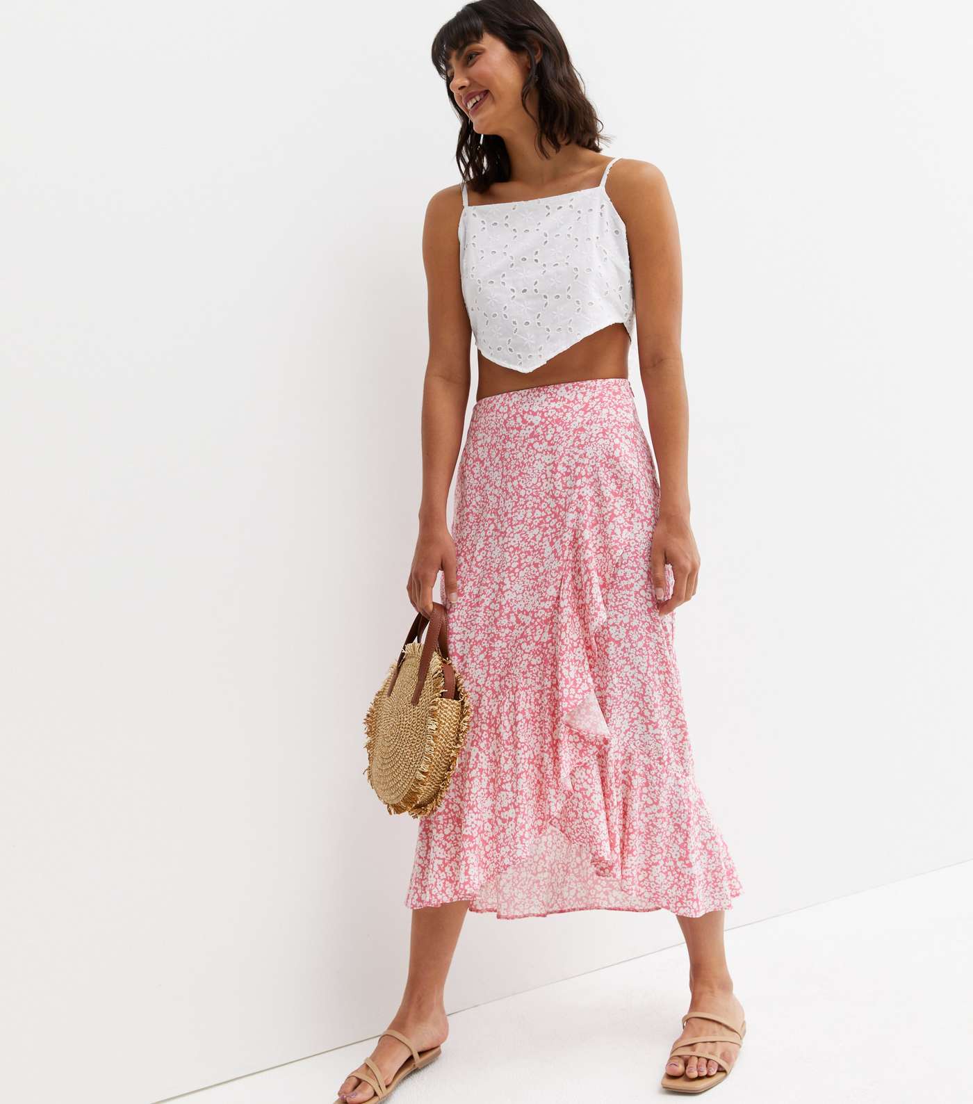 Pink Ditsy Floral Ruffle Midi Wrap Skirt