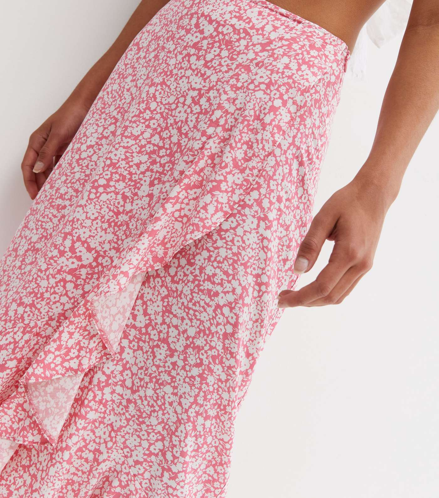 Pink Ditsy Floral Ruffle Midi Wrap Skirt Image 3