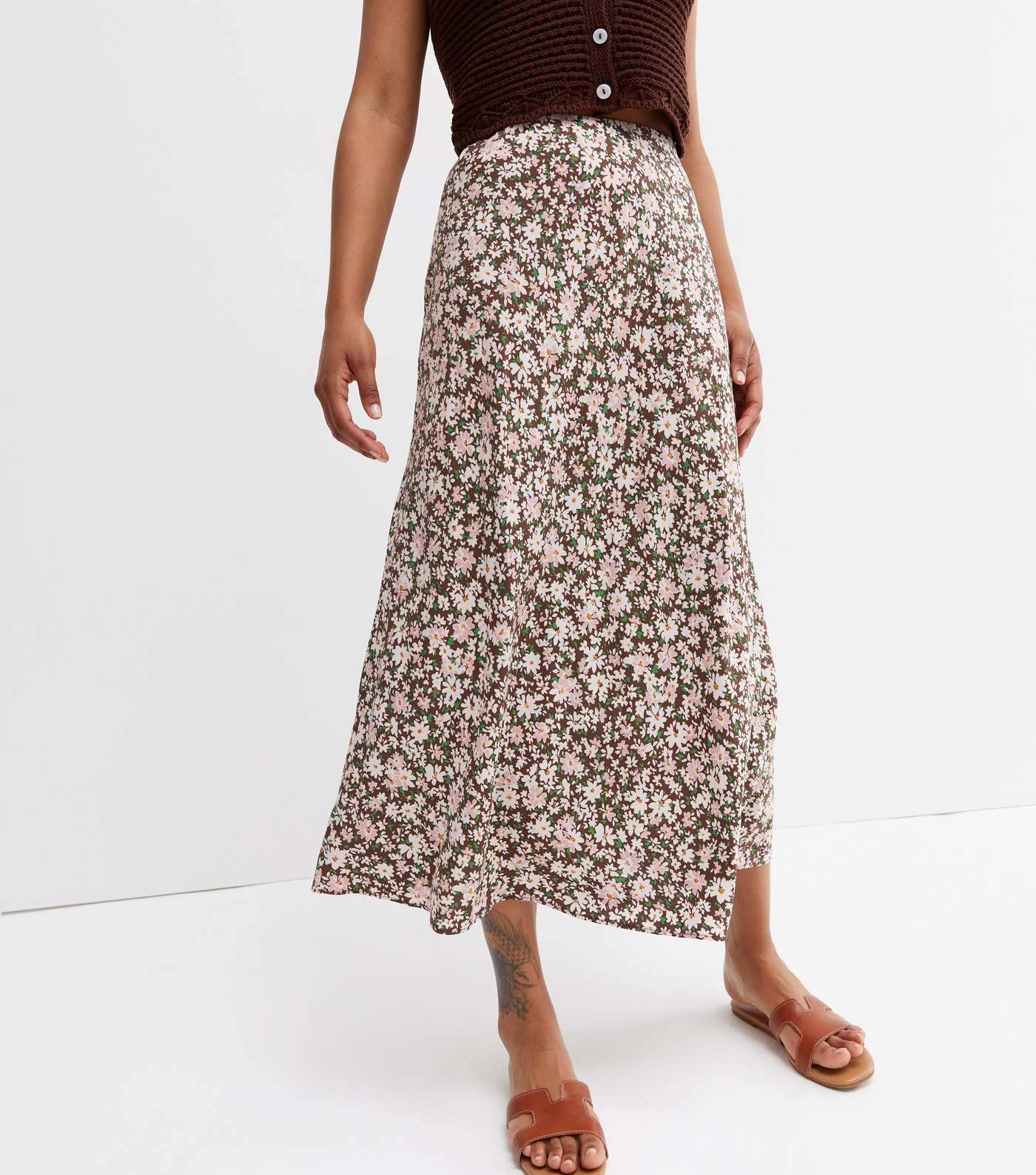 Brown Daisy High Waist Bias Cut Midi Skirt Image 2