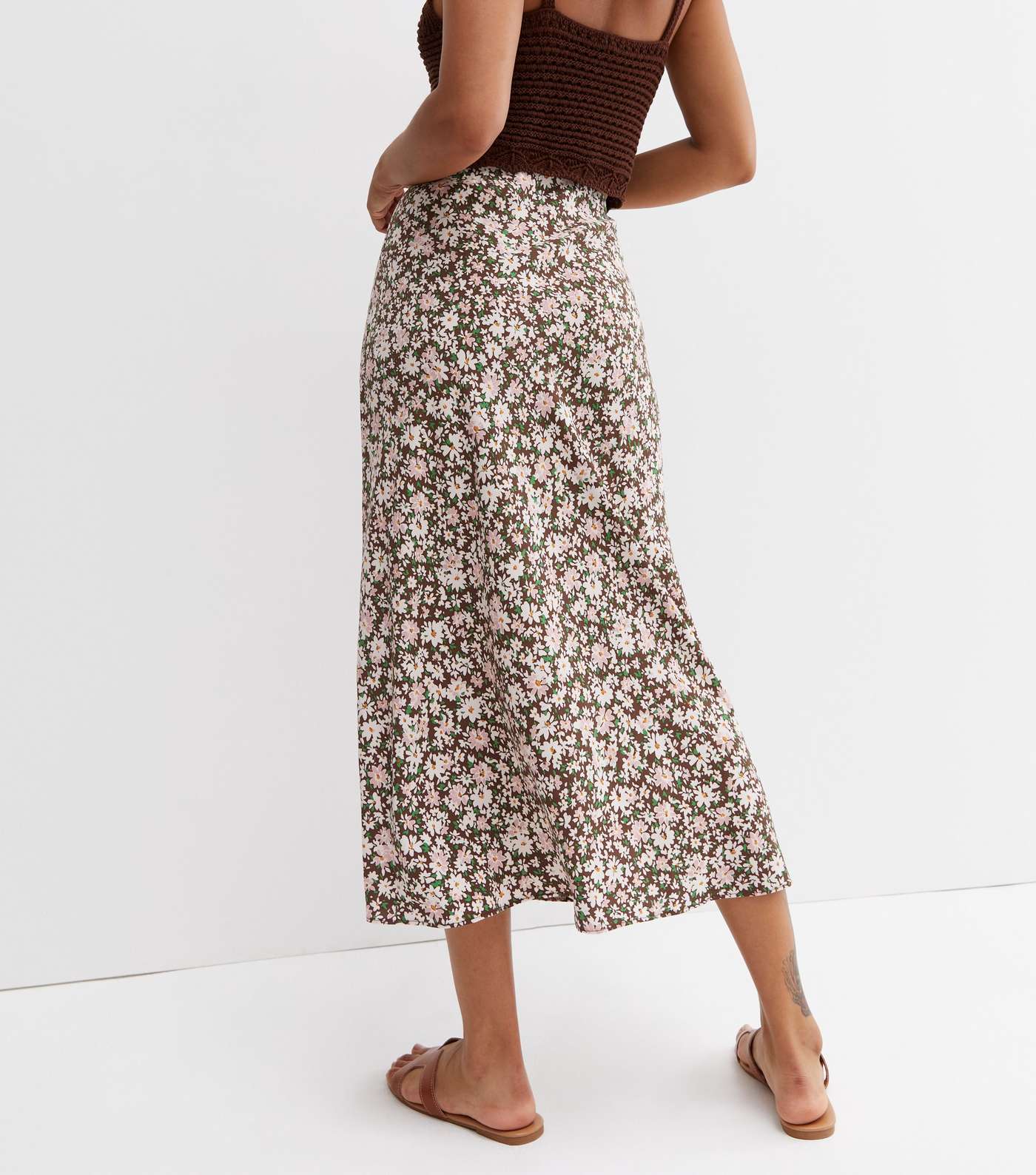 Brown Daisy High Waist Bias Cut Midi Skirt Image 4