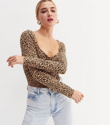 Brown Leopard Print Scoop Neck Long Sleeve Bodysuit New Look