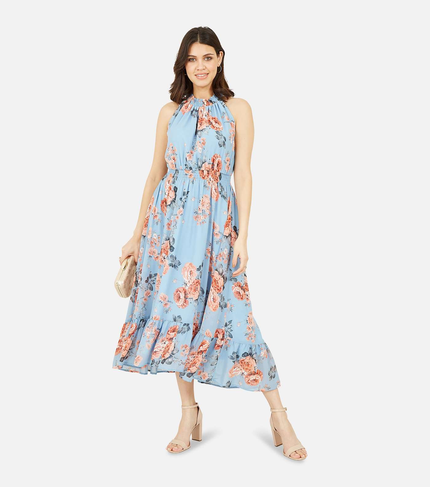 Mela Blue Floral Shirred Dip Hem Midi Halter Dress Image 3