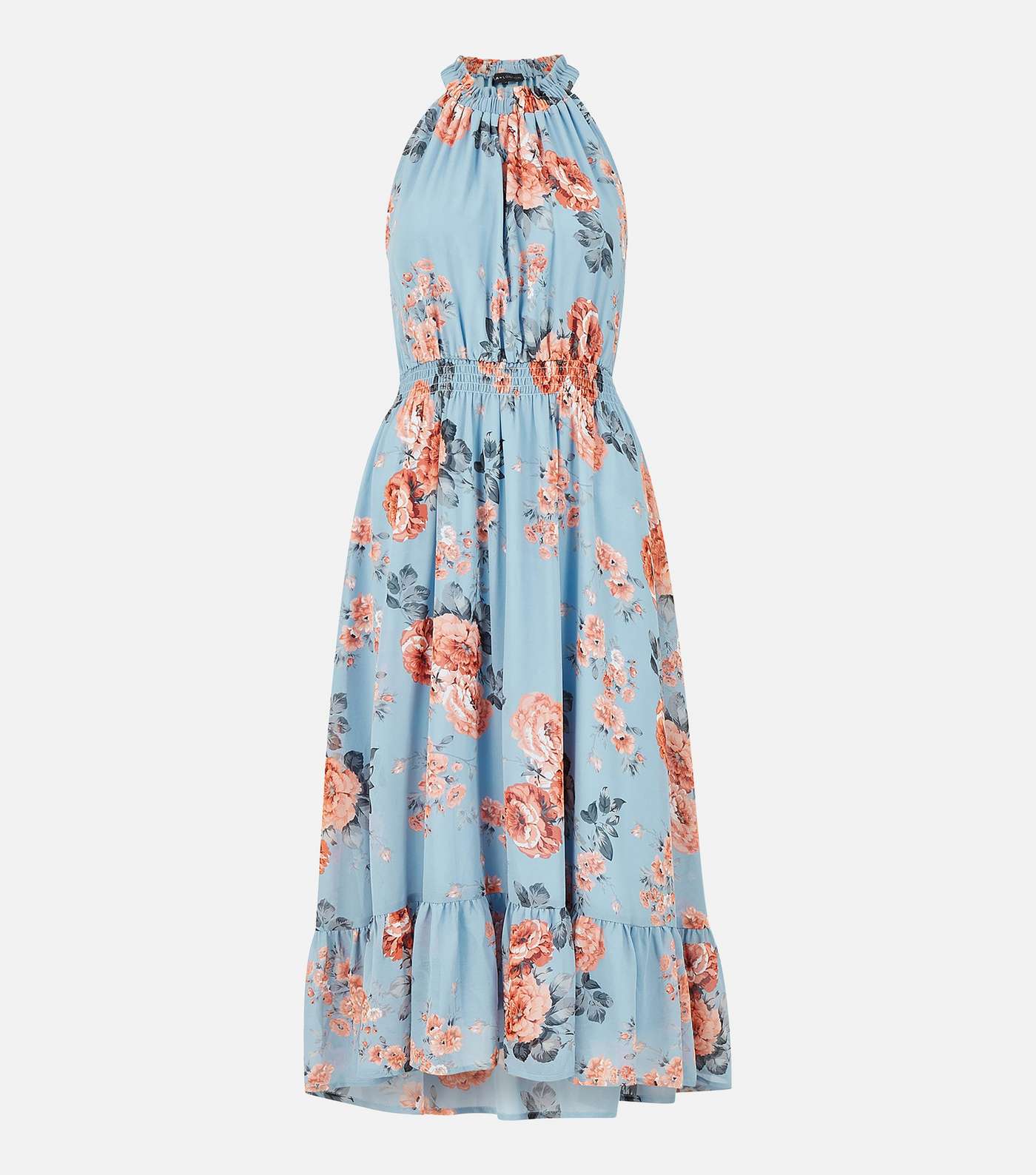 Mela Blue Floral Shirred Dip Hem Midi Halter Dress Image 5