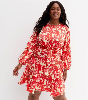 Curves Red Tropical Floral Puff Sleeve Mini Dress New Look