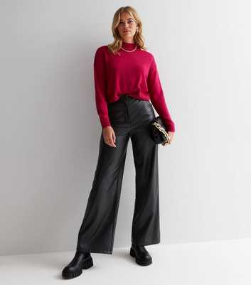 Tall Black Leather-Look Wide Leg Trousers