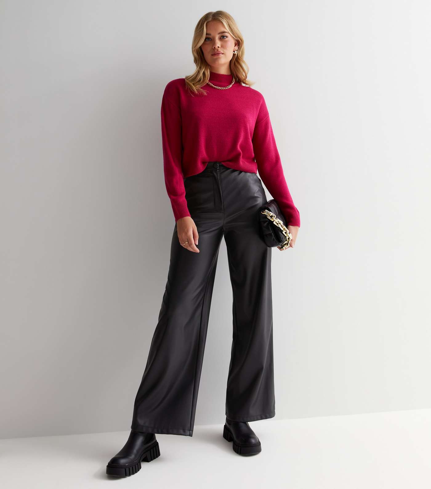 Tall Black Leather-Look Wide Leg Trousers