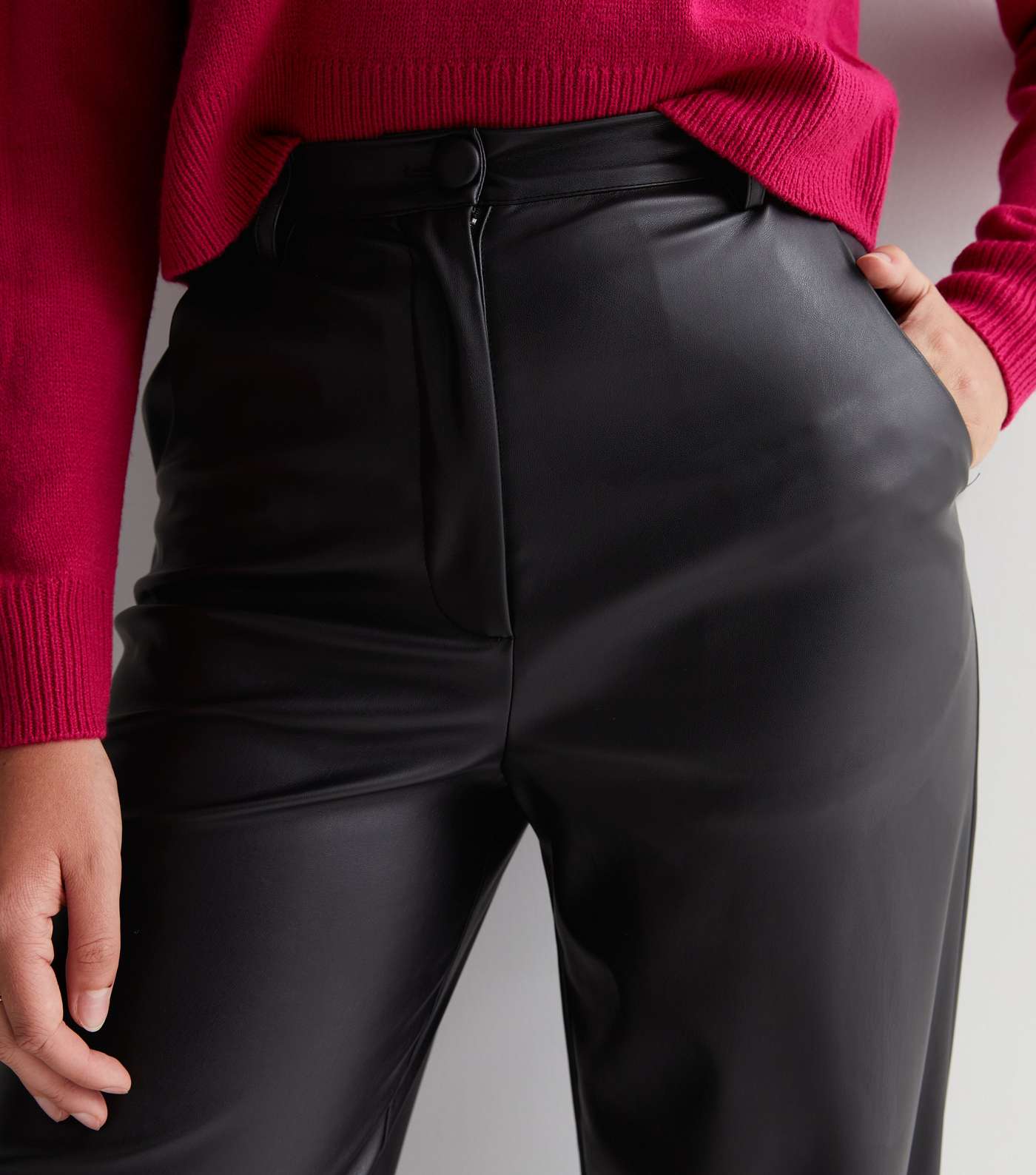 Tall Black Leather-Look Wide Leg Trousers Image 3