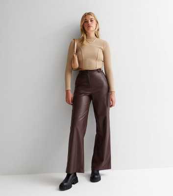 Tall Dark Brown Leather-Look Wide Leg Trousers