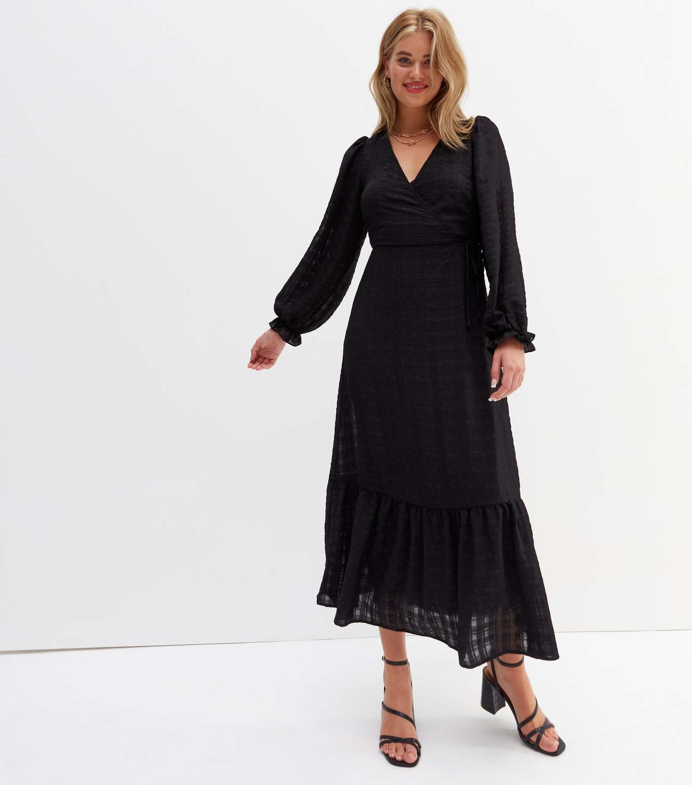 Tall Black Check Seersucker Tiered Midi Wrap Dress