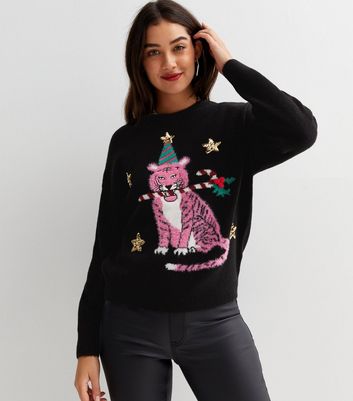 Black Fluffy Tiger Christmas Jumper