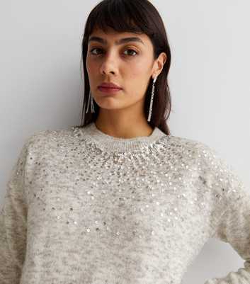 Pale Grey Fine Knit Embellished Yoke Jumper