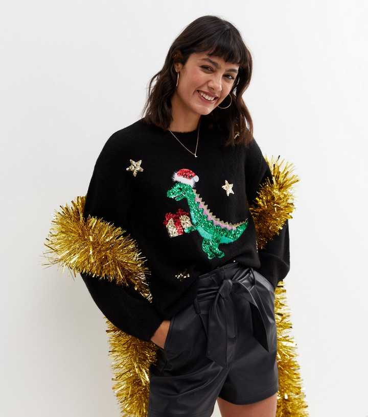 Black Sequin Dinosaur Christmas Jumper | New Look