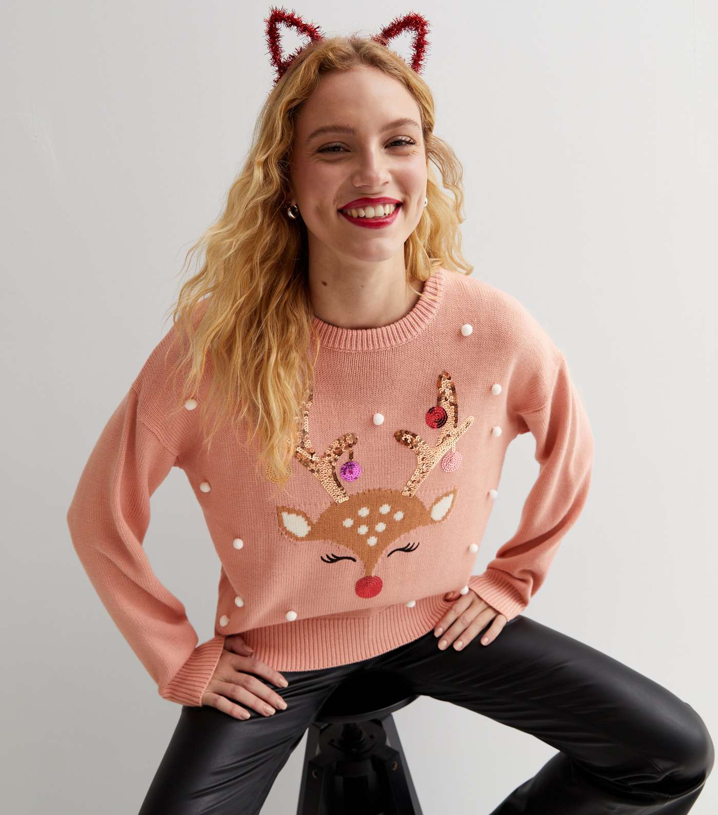Pink Reindeer Embellished Knit Crew Neck Jumper