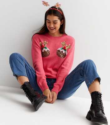 Pink Sequin Embellished Christmas Puddings Jumper