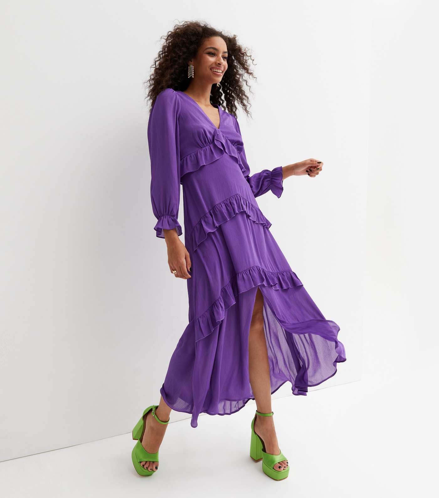 Long Sleeve Ruffle Hem Maxi Dress - Purple