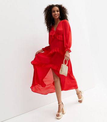 Long red ruffle clearance dress