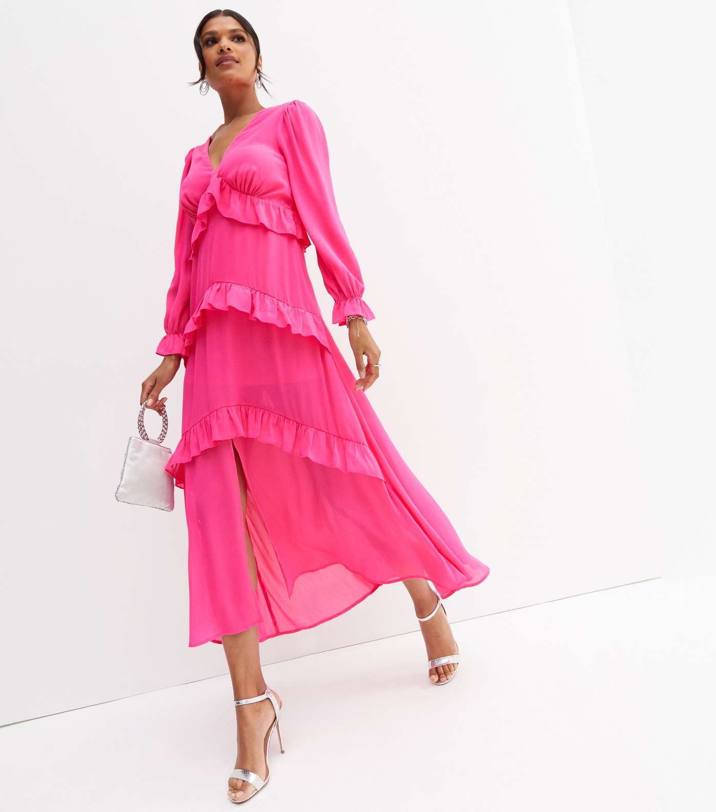 Bright Pink Chiffon Tiered Ruffle Long Sleeve Midi Dress