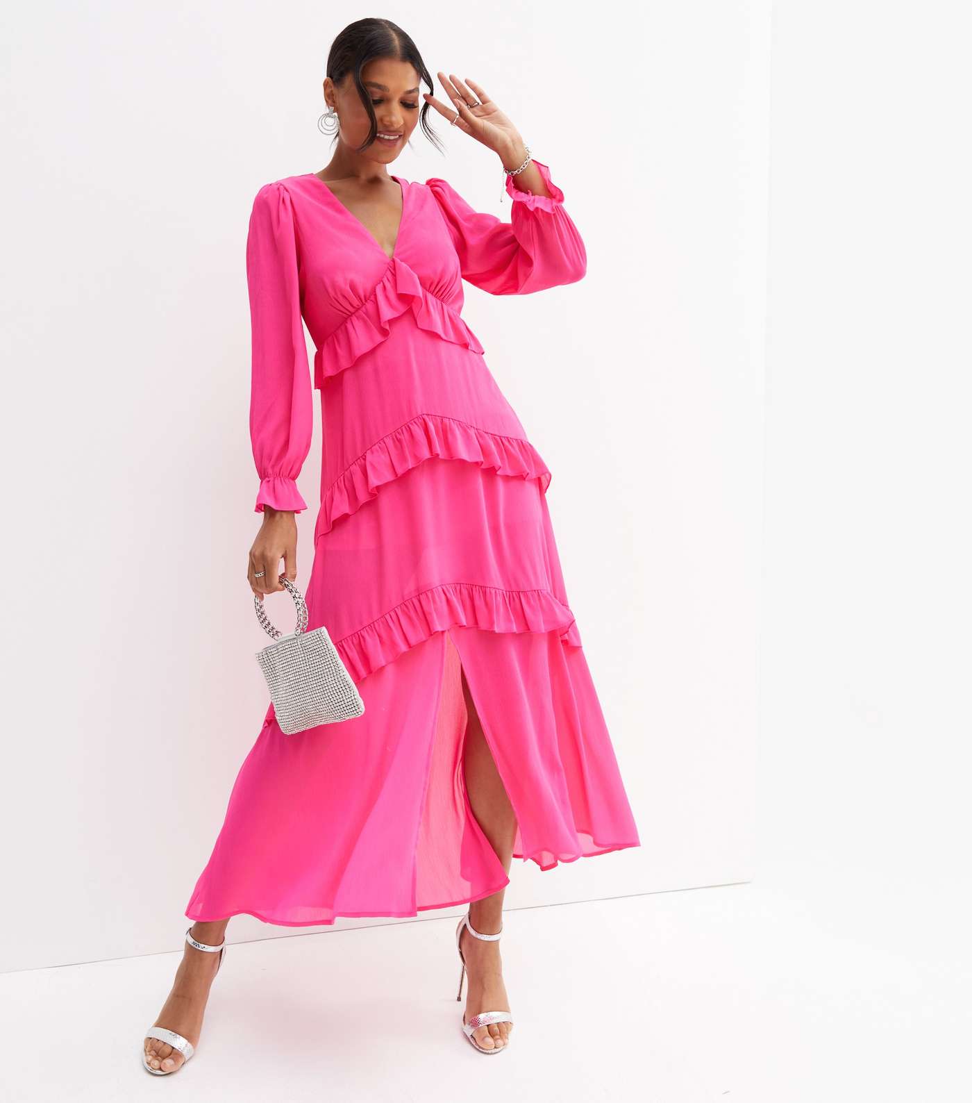 Bright Pink Chiffon Tiered Ruffle Long Sleeve Midi Dress Image 3