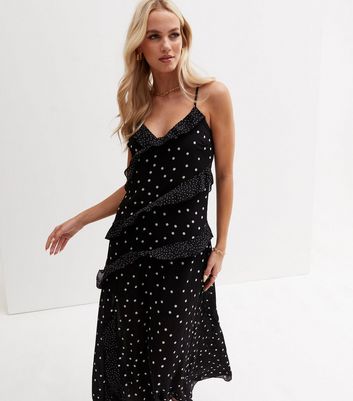 Black Spot Chiffon V Neck Ruffle Maxi Slip Dress