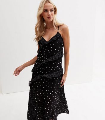 Black Spot Chiffon V Neck Ruffle Maxi Slip Dress | New Look