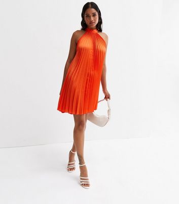 Damen Bekleidung Bright Orange Satin Pleated Halter Neck Mini Dress