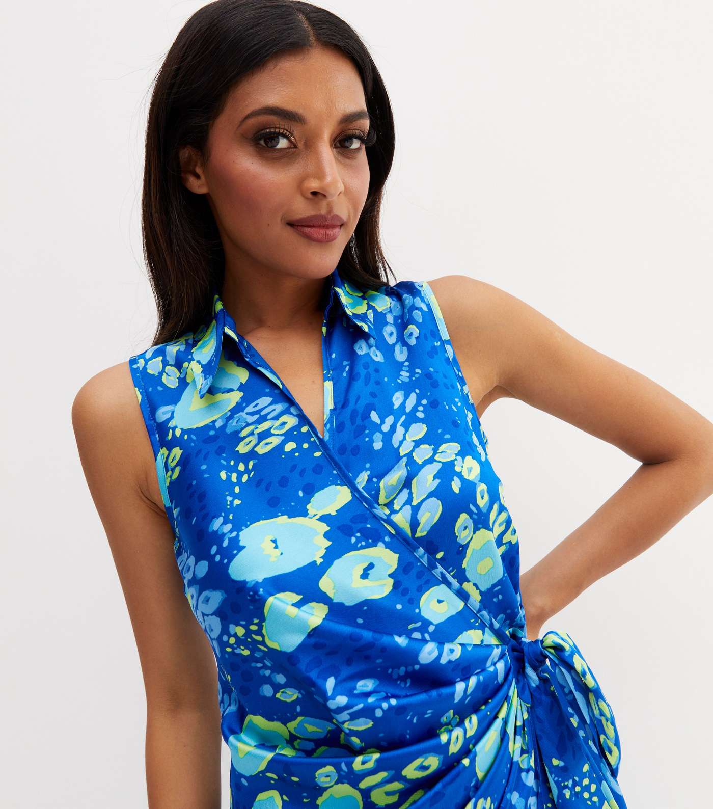 Blue Leopard Print Jacquard Satin Midi Wrap Dress Image 2
