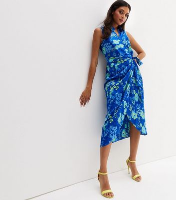 Damen Bekleidung Blue Leopard Print Jacquard Satin Midi Wrap Dress
