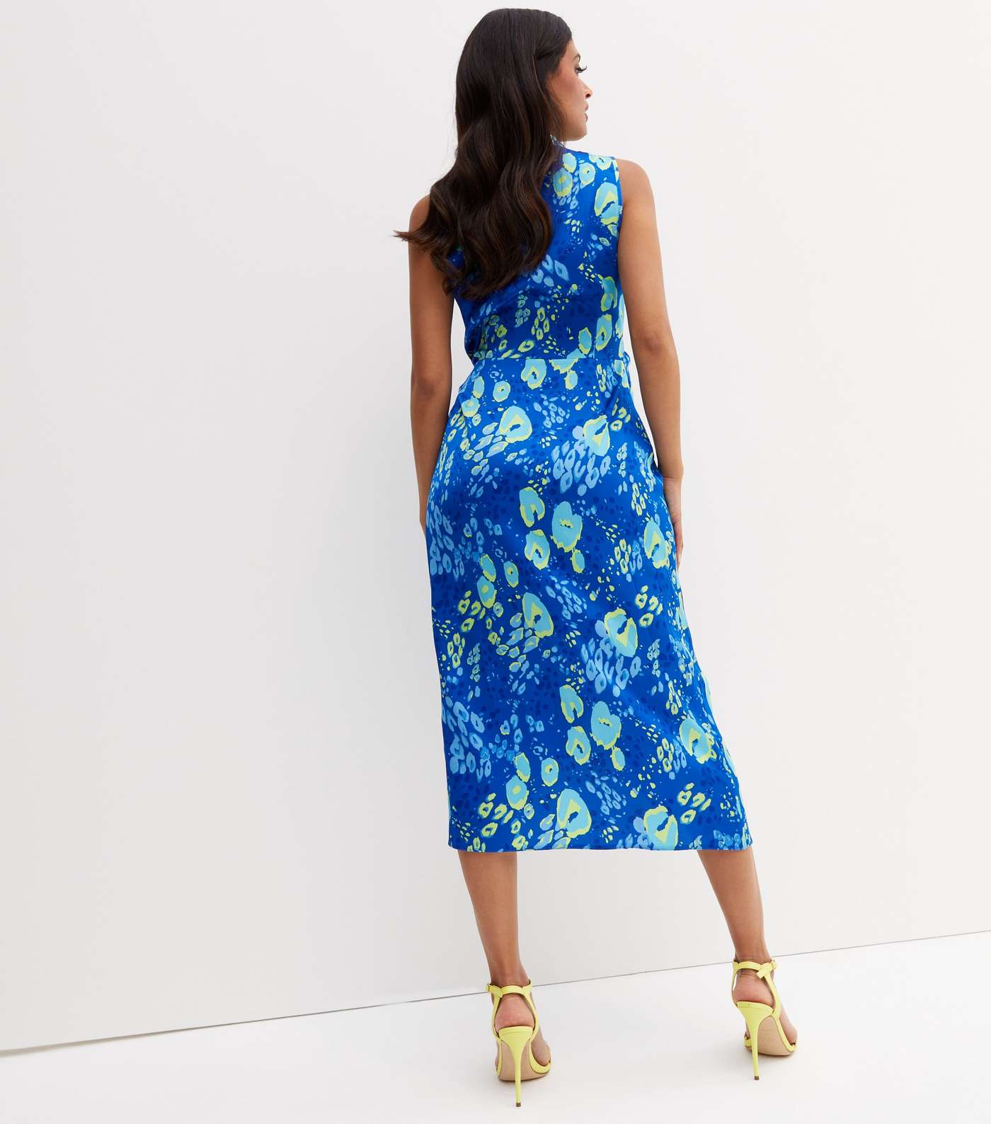 Blue Leopard Print Jacquard Satin Midi Wrap Dress Image 4
