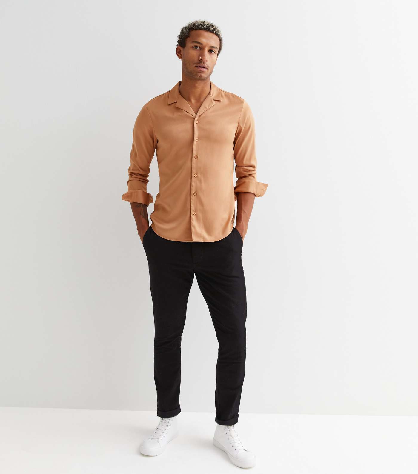 Light Brown Satin Long Sleeve Shirt Image 2