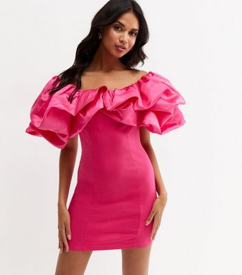 Cameo Rose Bright Pink Satin Bardot Mini Dress