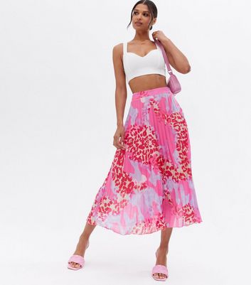 Pink Animal Print Chiffon Pleated Midi Skirt New Look