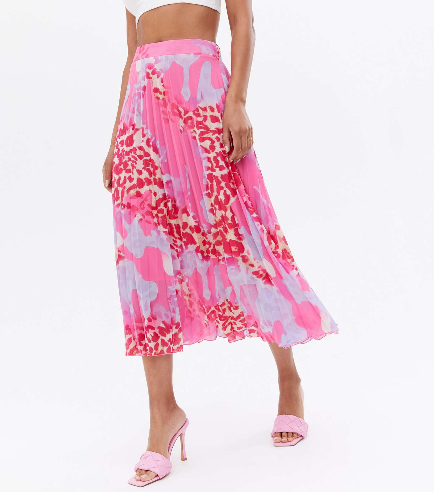 Pink Animal Print Chiffon Pleated Midi Skirt Image 2