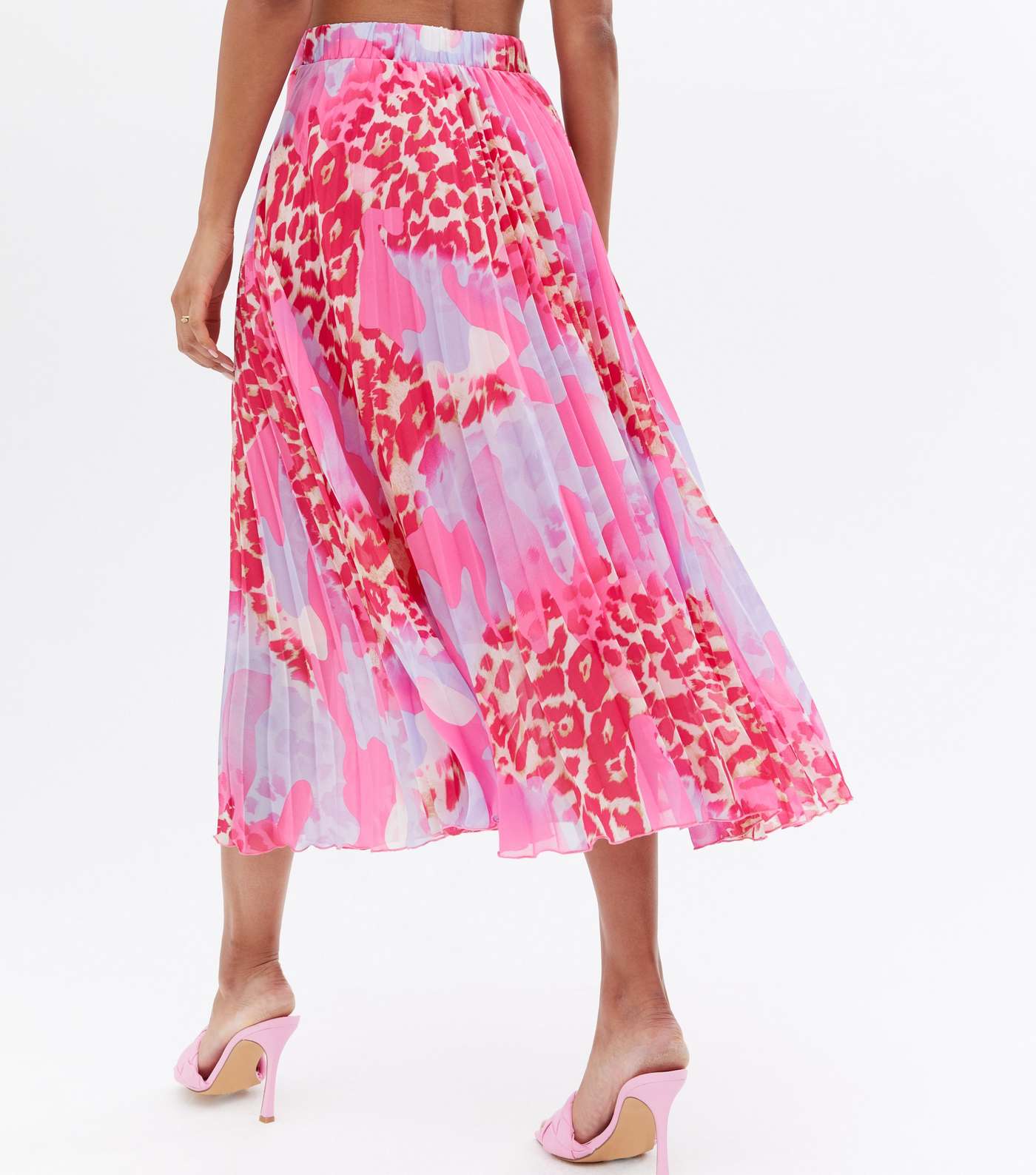 Pink Animal Print Chiffon Pleated Midi Skirt Image 4