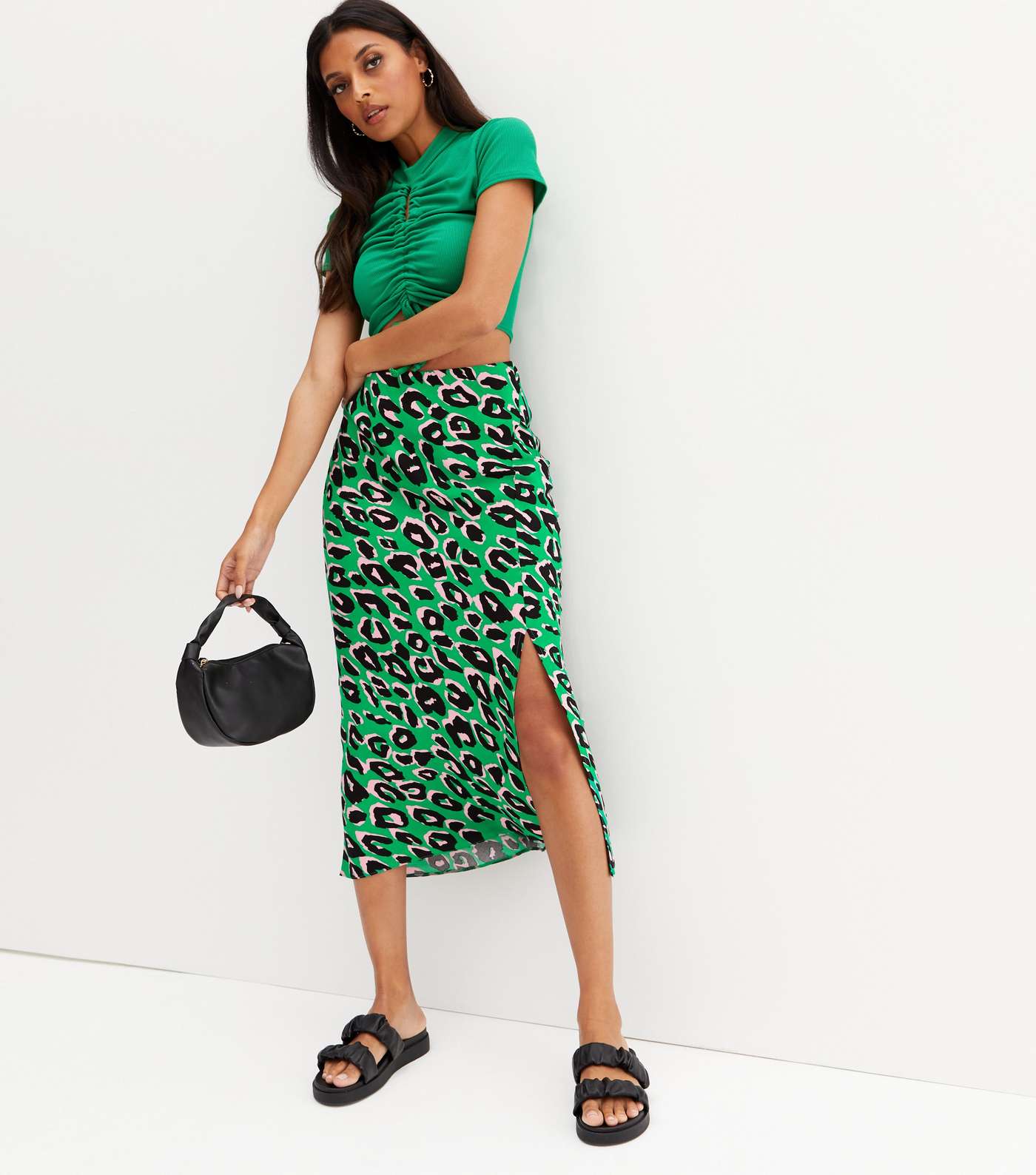 Green Leopard Print Split Midi Skirt