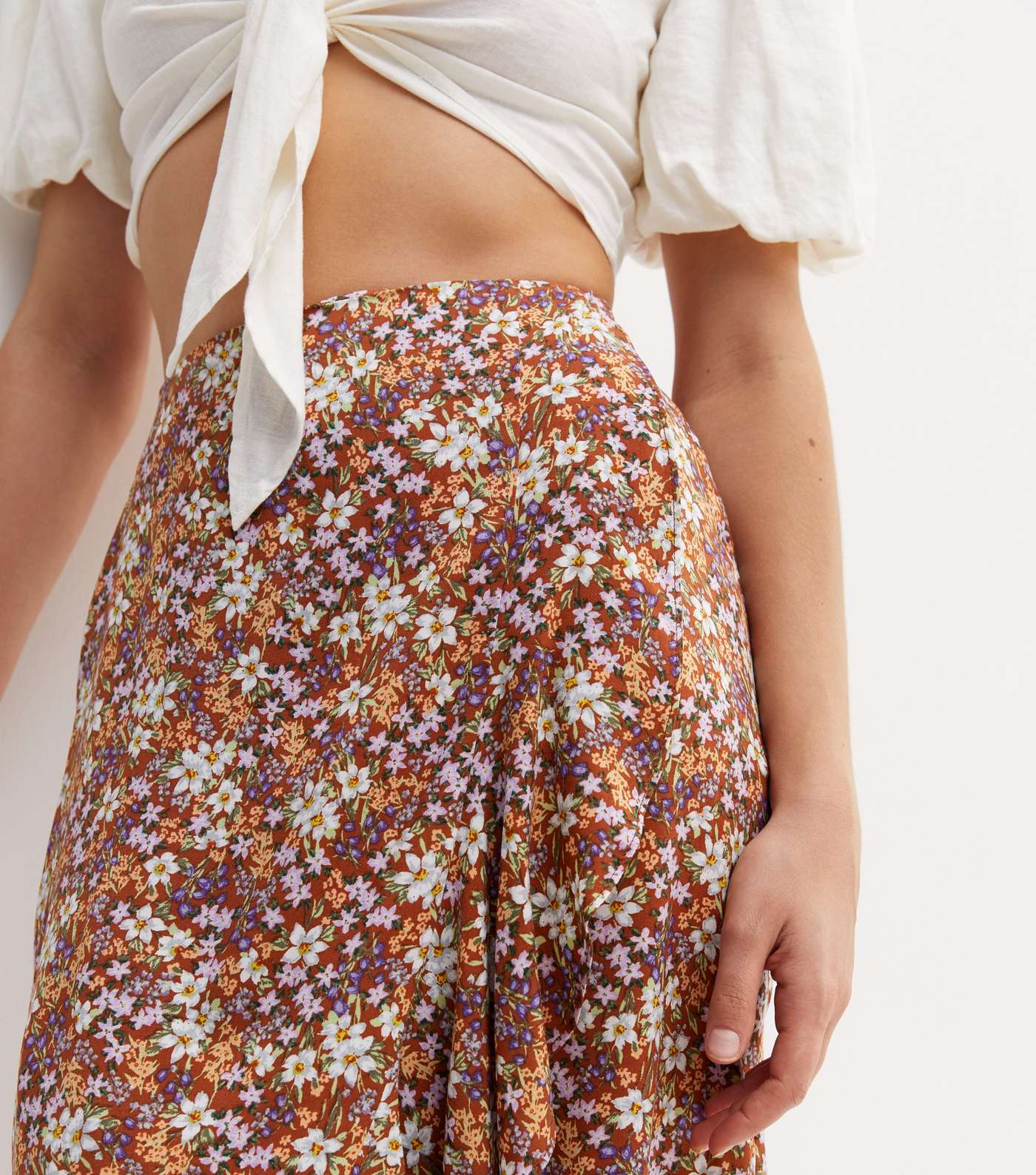 Brown Floral Ruffle Midi Wrap Skirt Image 3