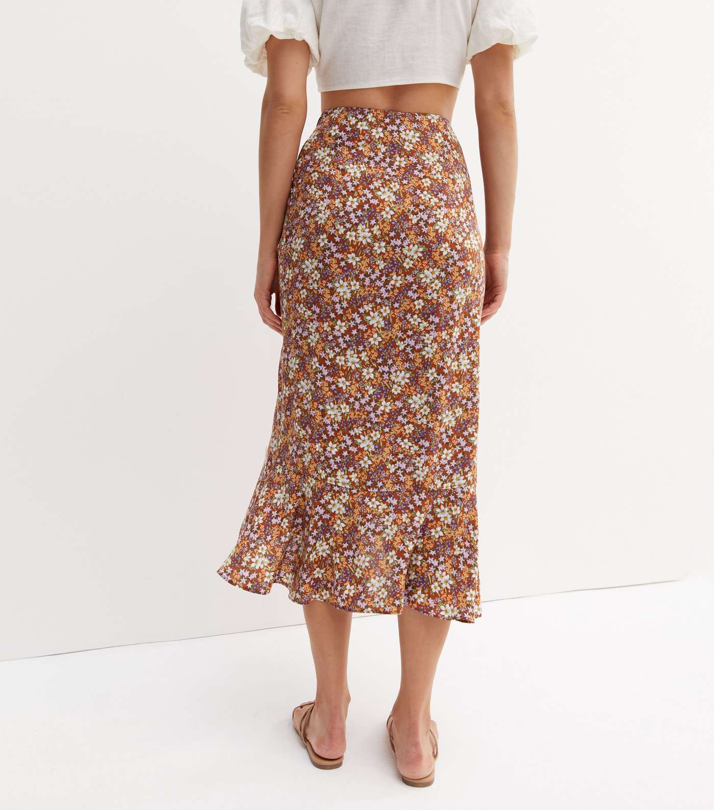 Brown Floral Ruffle Midi Wrap Skirt Image 5