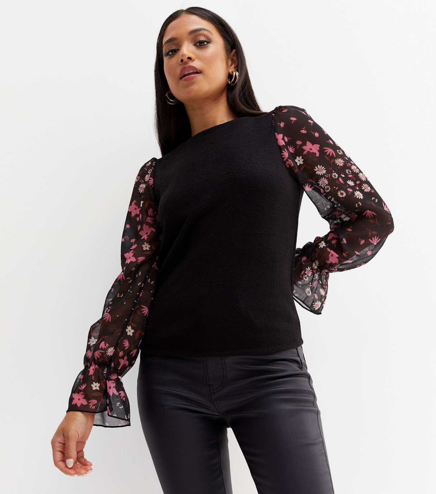 Petite Black Floral Chiffon 2-in-1 Long Puff Sleeve Top